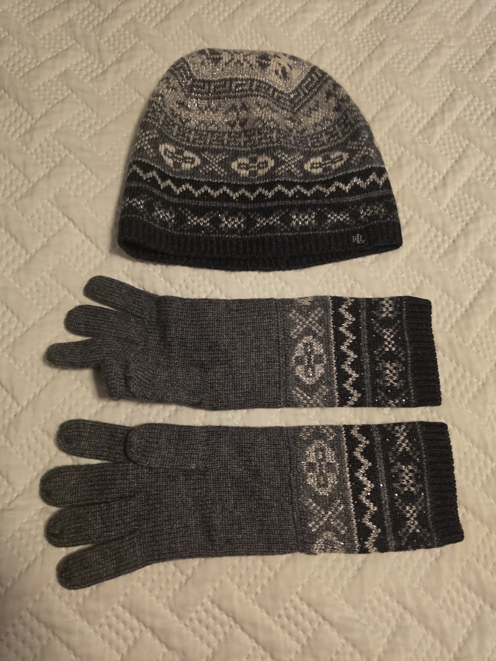 Ralph Lauren Gray Fair Isle Knit Beanie and Glove Set
